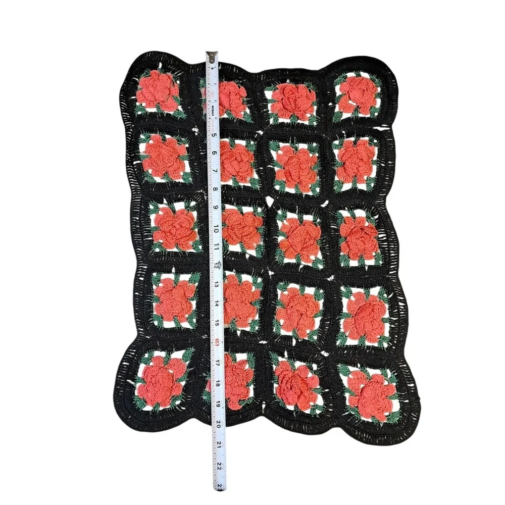 Crochet Small Runner Black With Red Roses